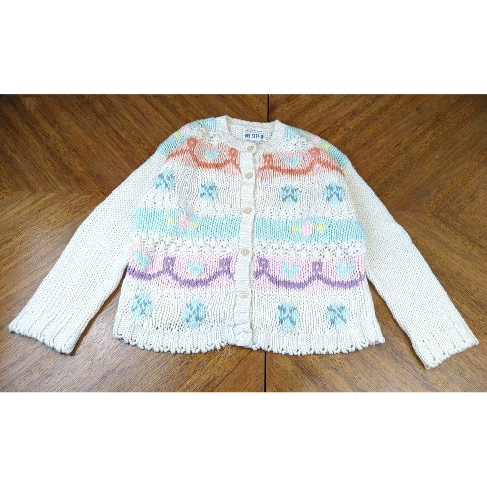 One Step Up Cardigan Sweater Sz MED Hand Knit Pastels Hearts Chunky Cable Knit - Picture 2 of 13
